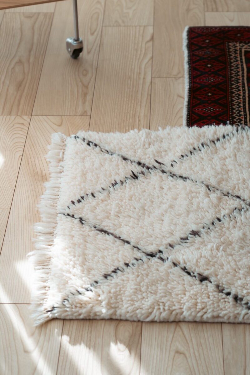 モロッコの手織りベニワレンラグをリビングに敷いたインテリアコーディネート|塩田家具 G.E.Mラグ展